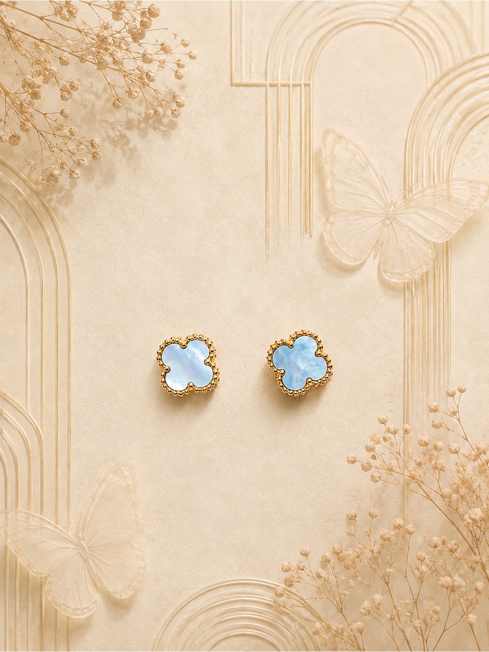 🆕❤️Gold-Trim Blue MOP Clover Mini Stud Earrings